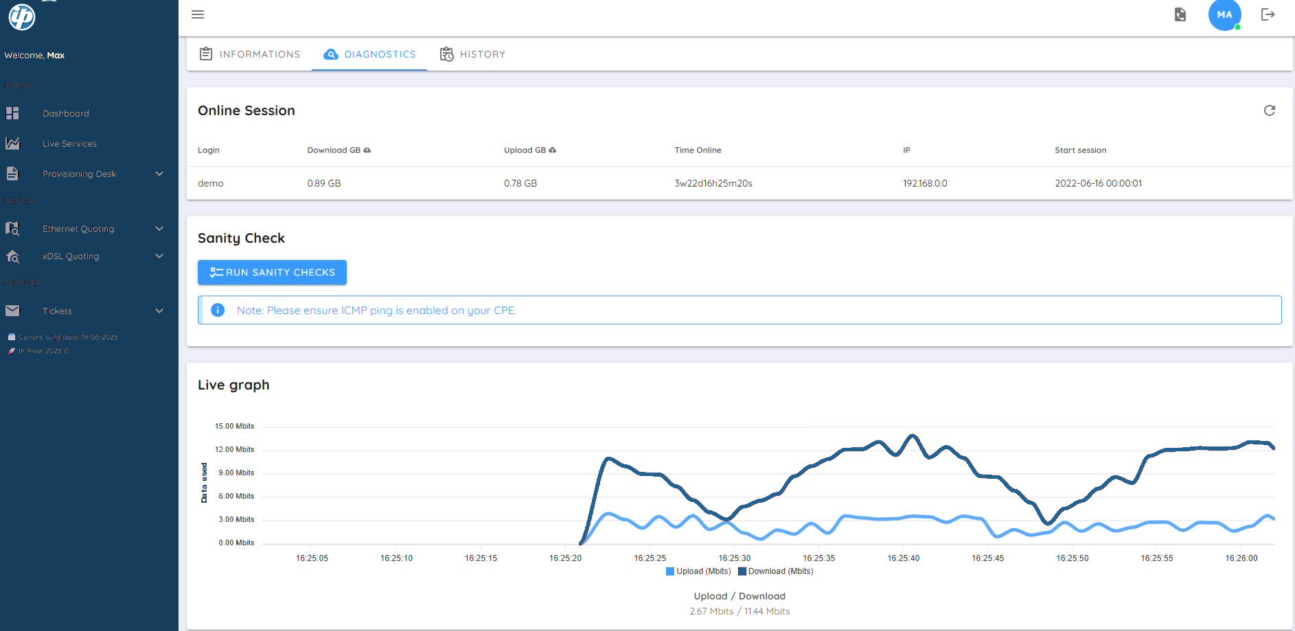 IP River portal — live diagnostics and throughput monitoring