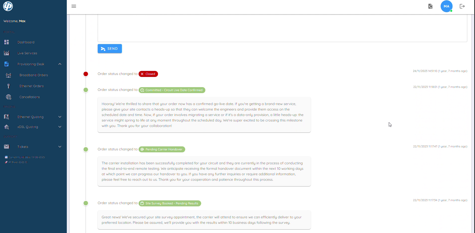 IP River portal — provisioning and order tracking